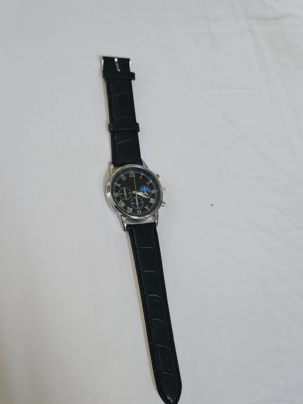 Black Leather Strap Men’s Watch with Silver Case